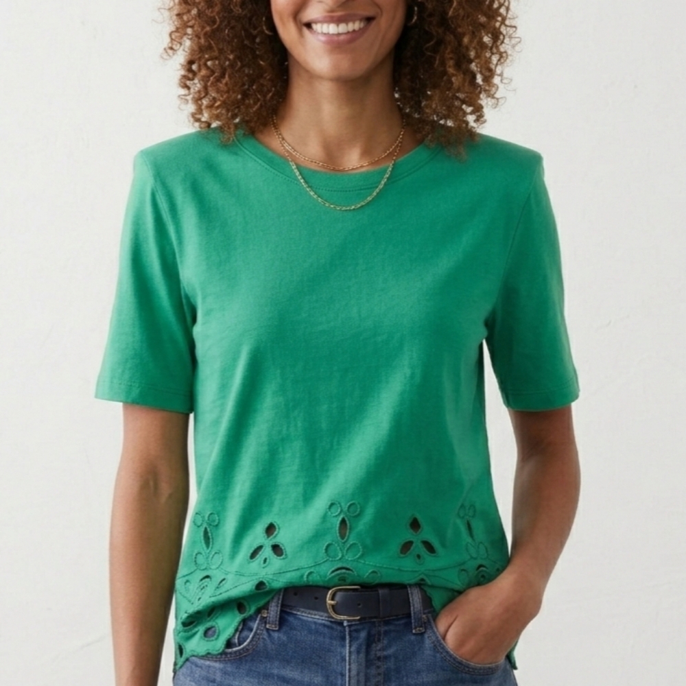 Sz S 100% Cotton Jacques & Daniel by Montparnasse Green Tee with Embroidered Hem